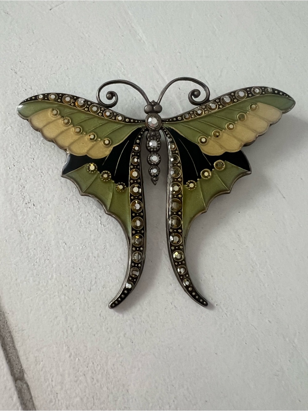Catherine Popesco Green and Cream Rhinestone Butterfly Brooch